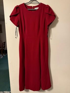 Calvin Klein Crimson Red Midi Dress with Puff Sleeves